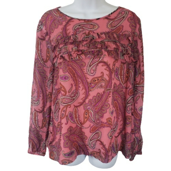J. Crew Tops - J. Crew 100% silk blouse paisley pattern ruffled yoke pink button cuff